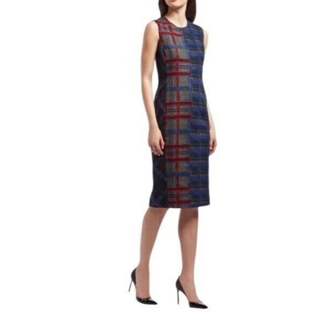 Carlisle NY Women's Sz 2 Color Block Plaid Midi Wool Blend Shift Dress Luxury